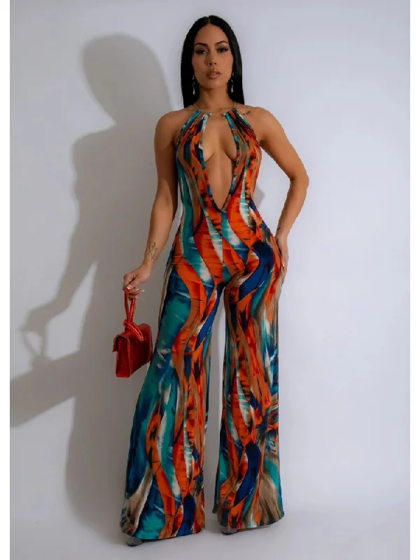 Colorblock Halter Backless Wide Leg Jumpsuits