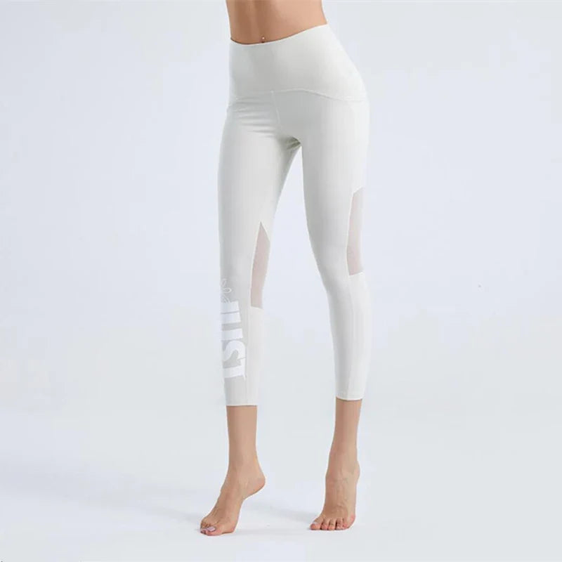 Summer Tight Female Mesh Stitching Pilates Letter Printing Elastic Thin Sports Leggings