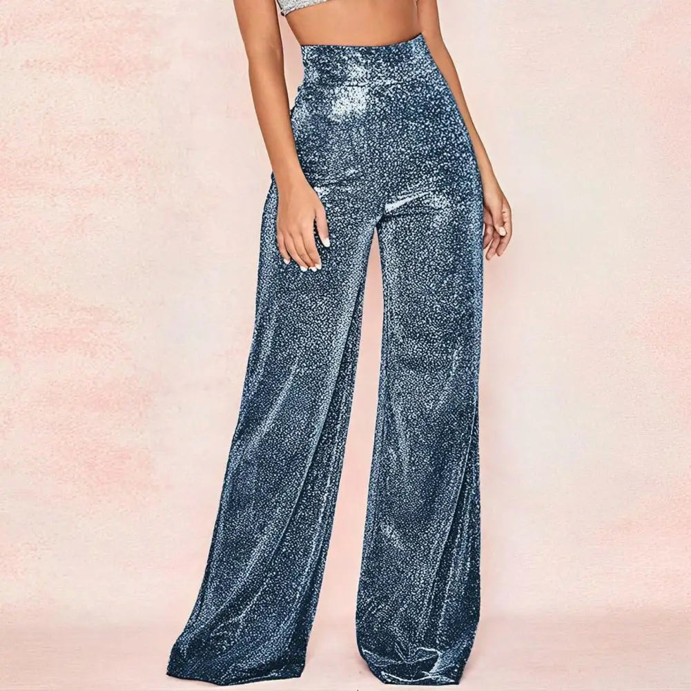 FashionSierra - Waist Elastic Waistband Straight Full Length Club Night Sequins Loose Wide Leg Female Trouser