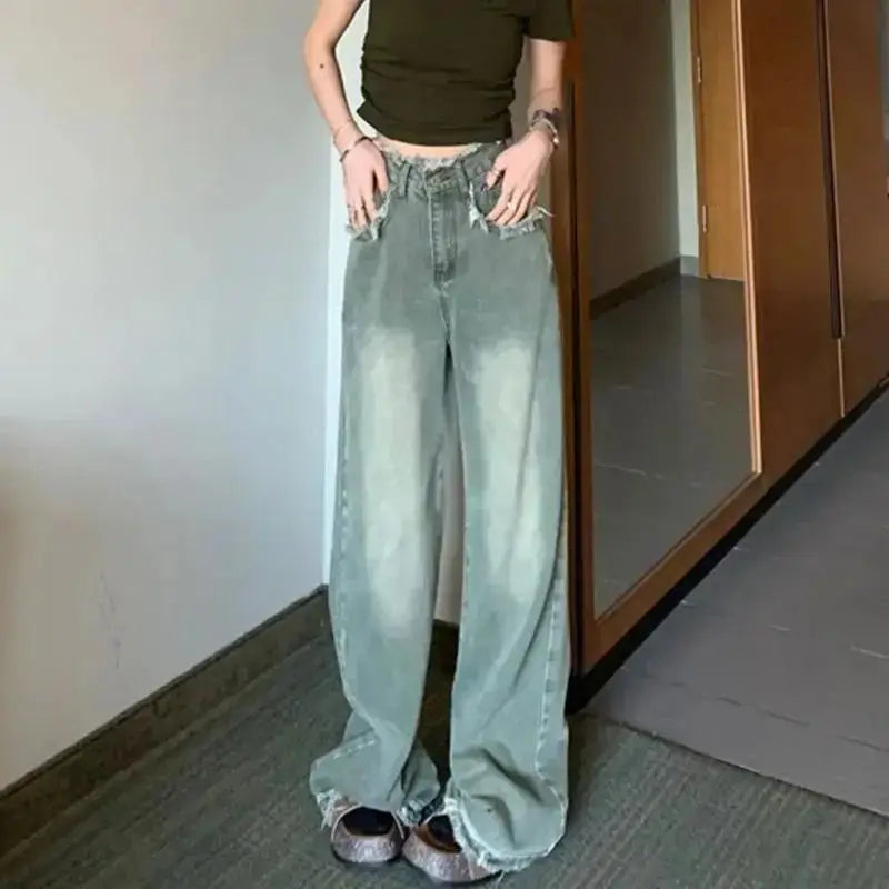 Retro Light Colored Wide Loose High Waisted Straight Spring Casual Trouser