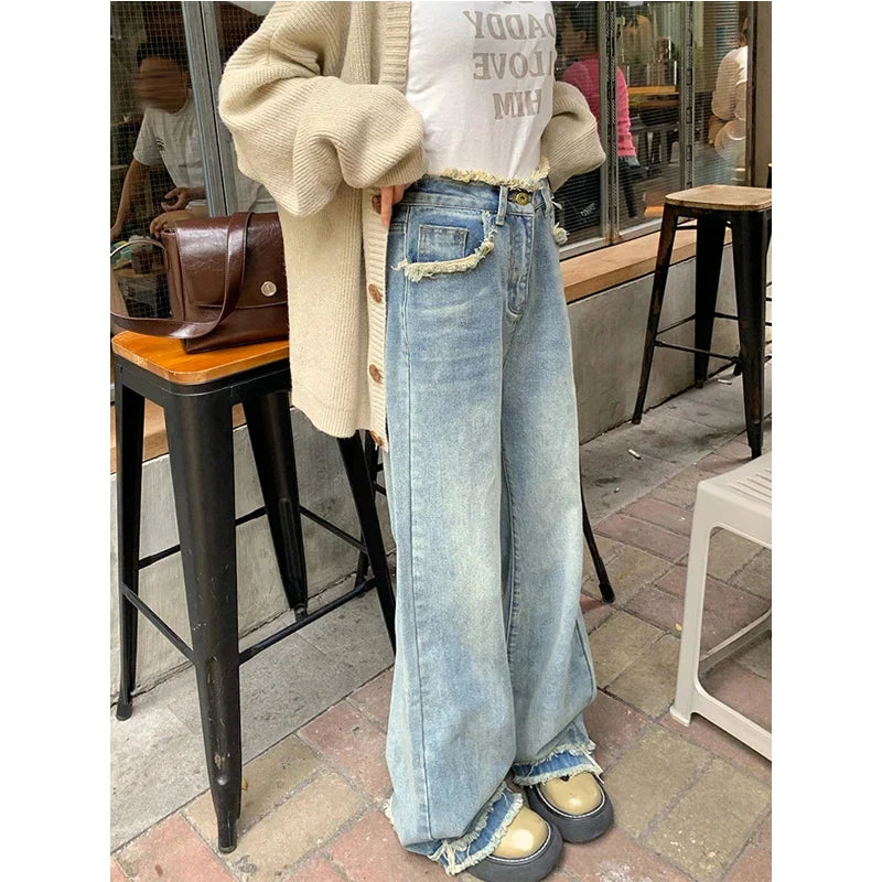 Retro Light Colored Wide Loose High Waisted Straight Autumn Winter Trouser