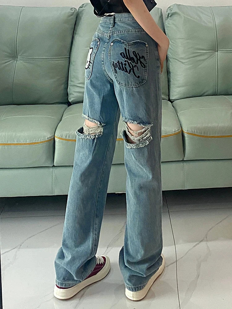 FashionSierra - New Fashion American Retro Ripped Blue High Street Embroidered Baggy Trouser