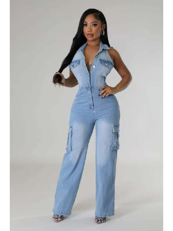 Denim Collar Halter Backless Jumpsuits