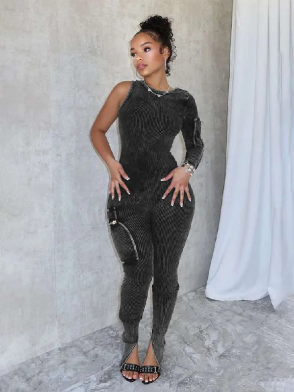 Distressed One Shoulder Zipper Jumpsuits