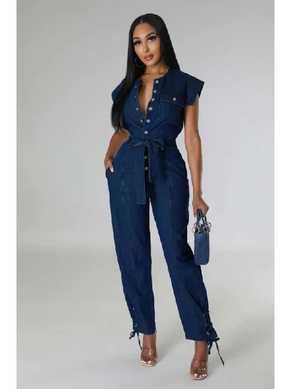 Eyelets Denim Lace Up Sleeveless Jumpsuits