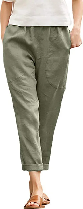 FashionSierra - Casual Cotton Tapered Capri Cargo Pants Loose Elastic Waist Ankle Cropped Trouser