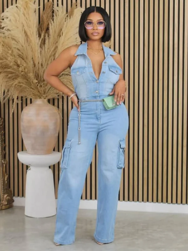 Multi Pocket Denim Halter Backless Jumpsuits