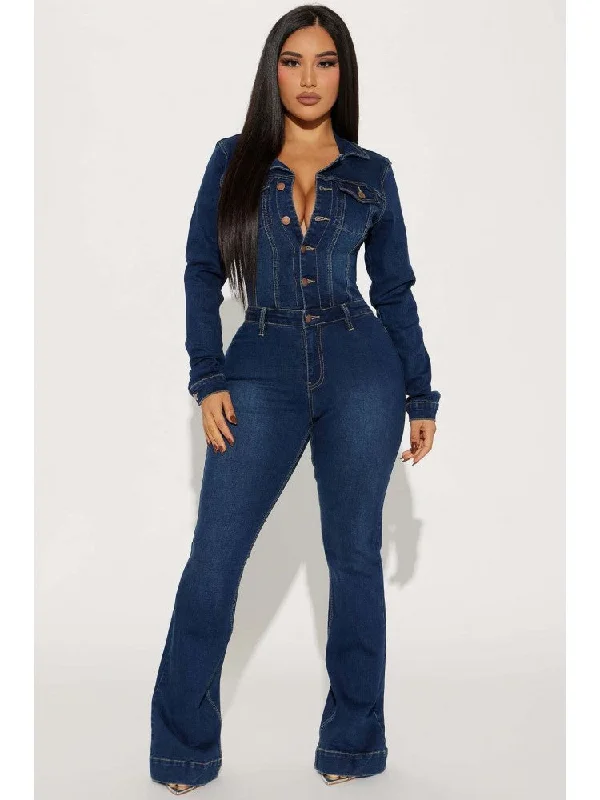 Patchwork Denim Collar Buckle Flare Jumpsuit