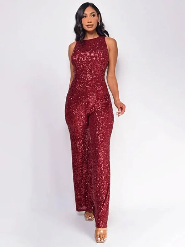 Patchwork Sequin Sleeveless Wide Leg Jumpsuits