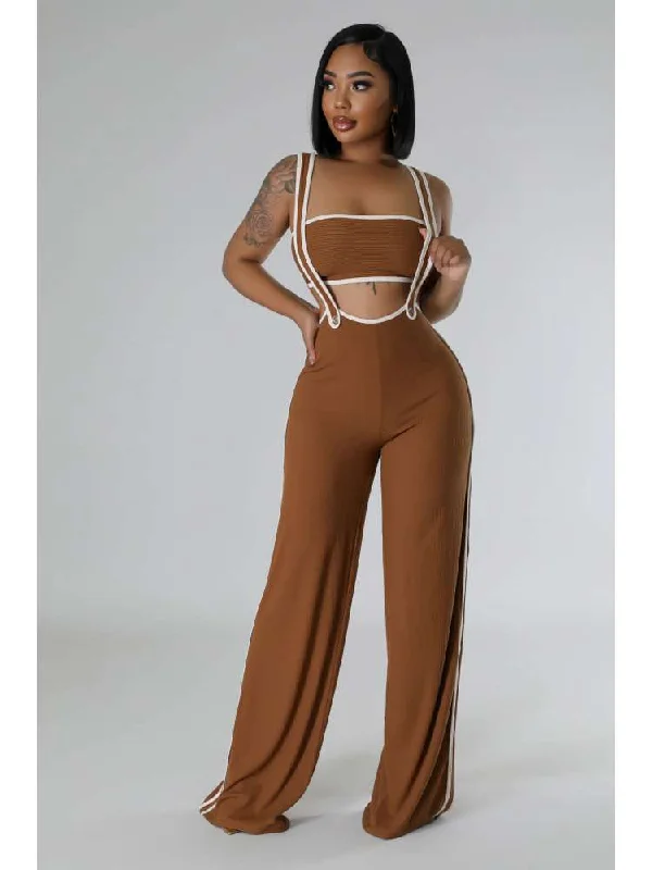 Rib Tube Wide Leg Overalls Jumpsuit Sets