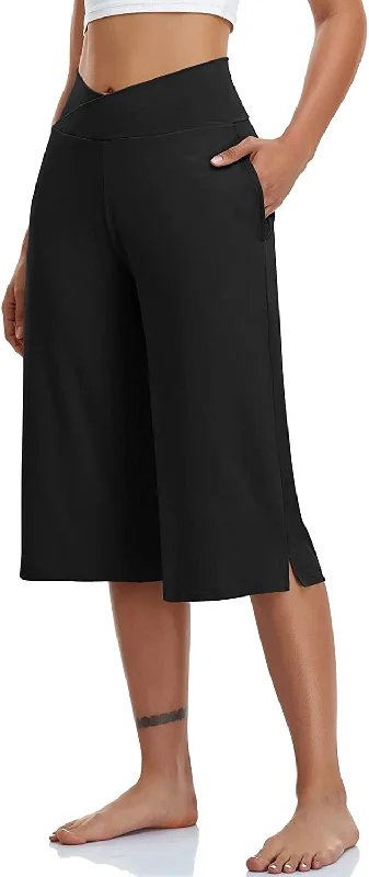 FashionSierra - Casual Wide Leg Yoga Capris Crossover High Waist Capri Pants