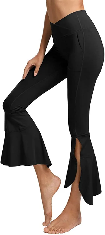 FashionSierra - Capri Yoga Pants Cross High Waisted Cropped Slit Flared Ruffle Bottom