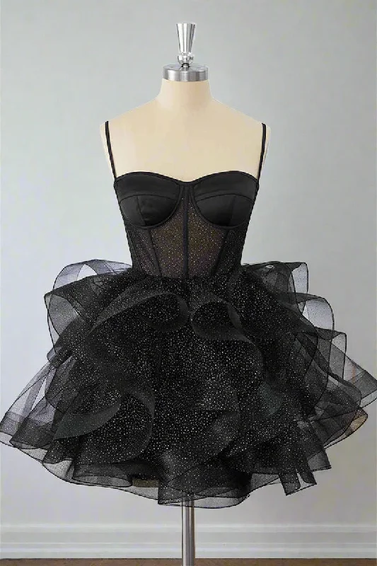 Black Straps A-Line Ruffle Homecoming Dress