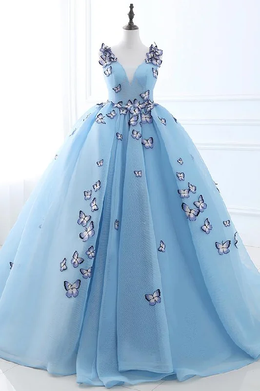 Blue Appliques Lace-Up Prom Evening Gowns