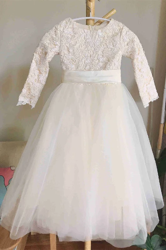 Champagne Crew Neck Lace Floor Length Flower Girl Dress with Long Sleeves