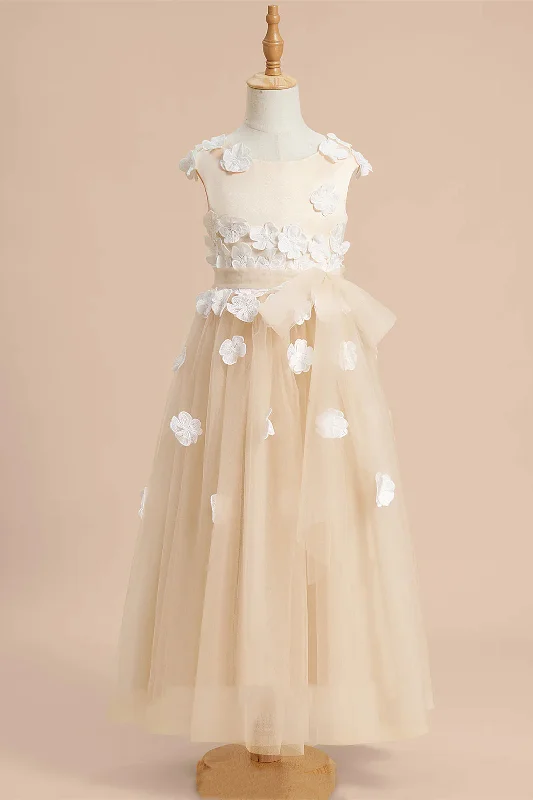 Champagne Flower Tea Length Tulle Flower Girl Dress