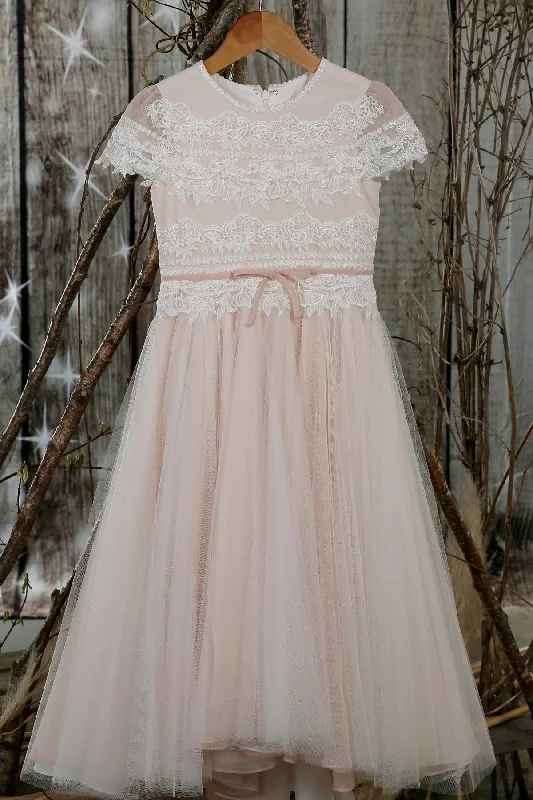 Crew Neck Blush Pink Long Flower Girl Dress with Sash