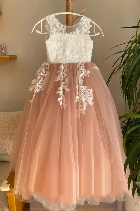 Crew Neck Dusty Rose Floor Length Flower Girl Dress with Appliques