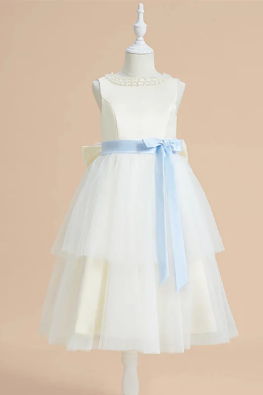 Cute Beaded Crew Neck Tiered Tulle Flower Girl Dress