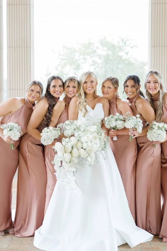 Elegant High Neck Dusty Rose Long Bridesmaid Dress