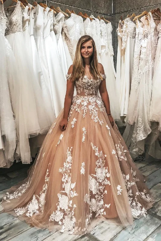 Gorgeous Off the Shoulder Lace Appliques Peach Ball Gown