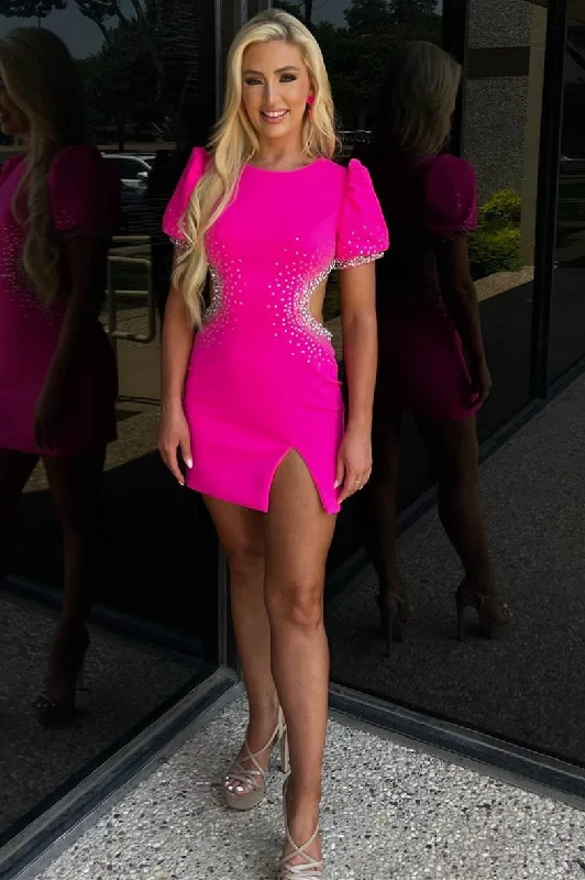 Hot Pink Cutout Beaded Short Homecoming Dress with Puff Sleeves