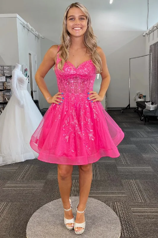 Hot Pink Straps Sequin A-Line Short Homecoming Dress