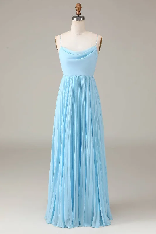 Lace-Up Cowl Neck Light Blue A-Line Chiffon Bridesmaid Dress