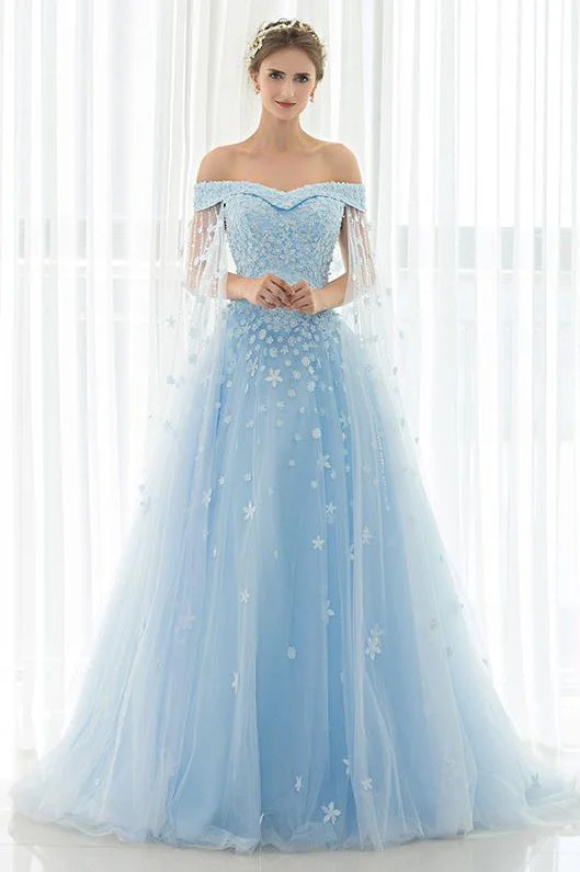 Off Shoulder Appliques Lace-Up Sky Blue Long Prom Dress