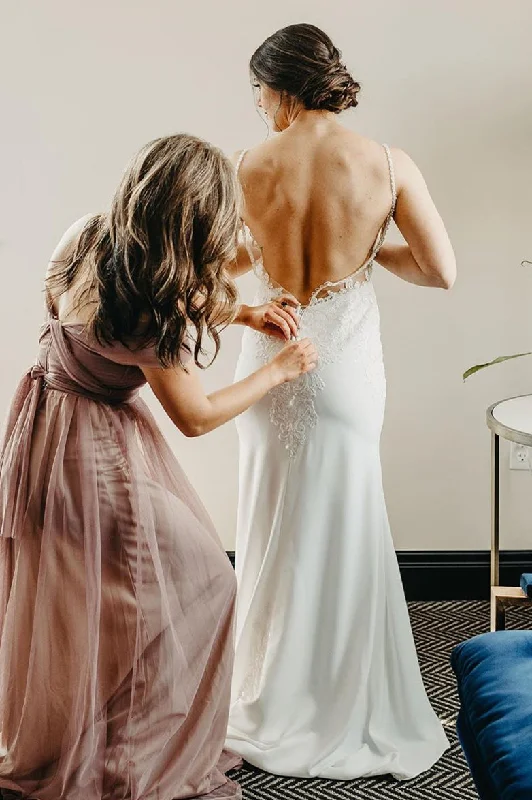 Open Back Mermaid Long White Chiffon Bridal Dress with Lace