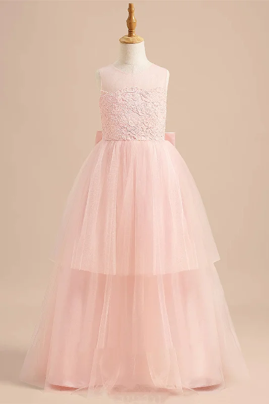 Pink Crew Neck Lace Top Layered Tulle Flower Girl Dress