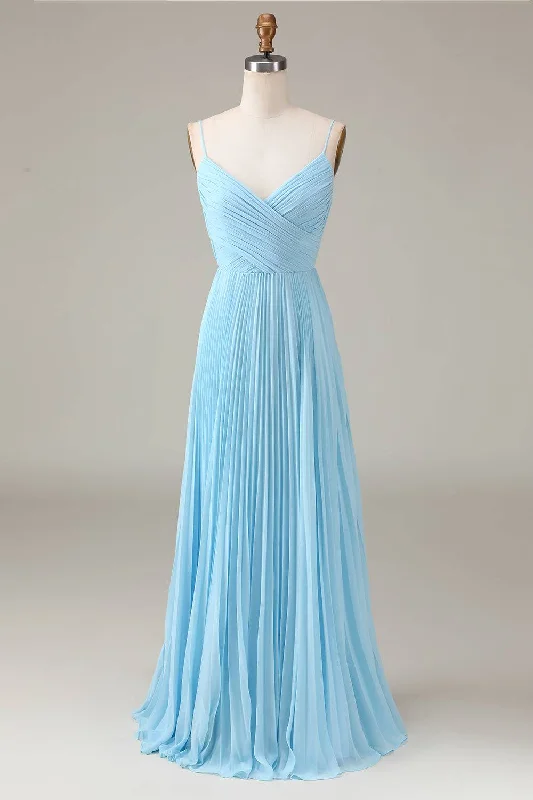 Pleated V-Neck Light Blue Chiffon Long Bridesmaid Dress