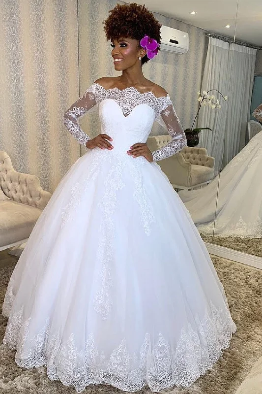 Princess Long Sleeves Off Shoulder A-line White Wedding Dress