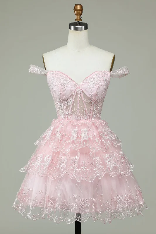 Princess Pink Sweetheart Embroidered Layered Tulle Homecoming Dress