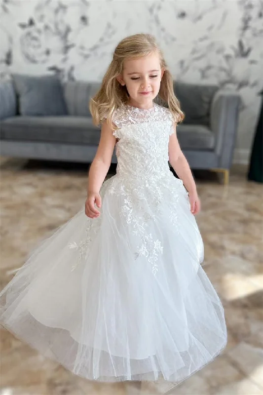 Princess White Illusion Crew Neck Flower Girl Dress