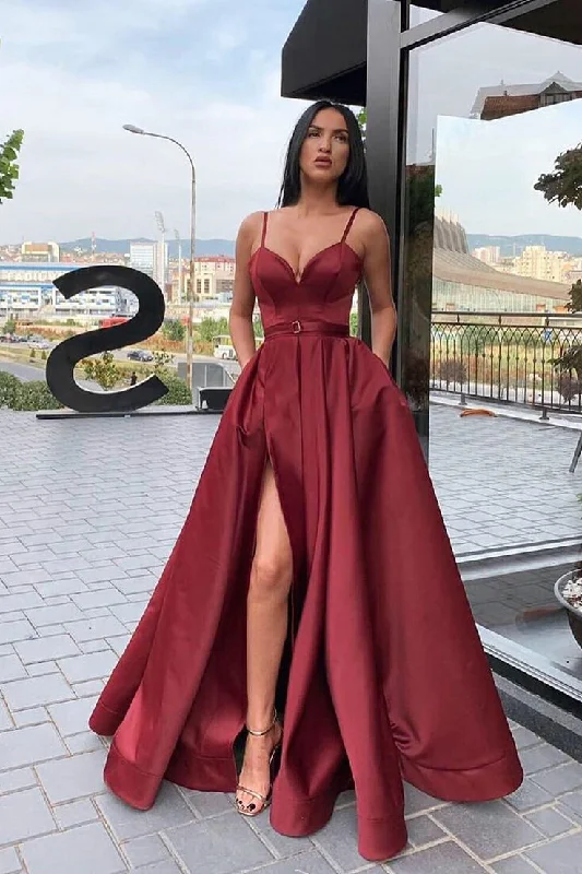 Straps A-Line Maroon Long Prom Dress with Slit