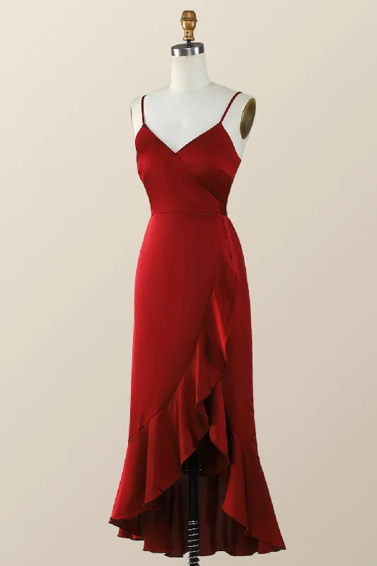 Straps Red Ruffle Hi-Low Long Bridesmaid Dress