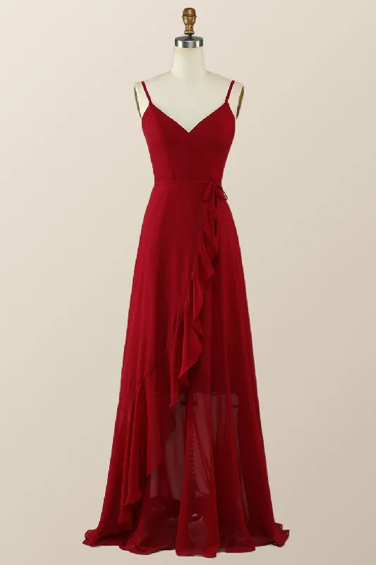 V-Neck Red Wrap Ruffle Long Bridesmaid Dress