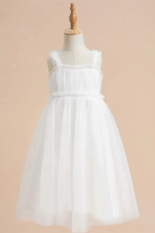 White Square Neck Ruffles Pleated Flower Girl Dress