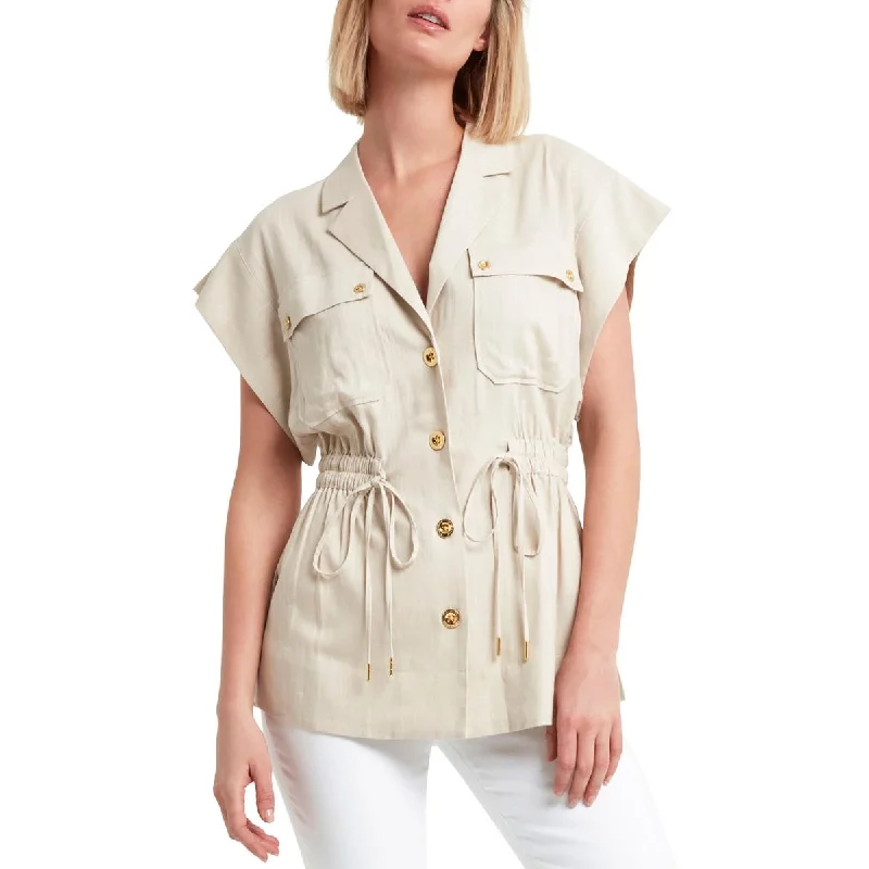 H Halston Womens Linen Blend Cinch Waist Utility Jacket