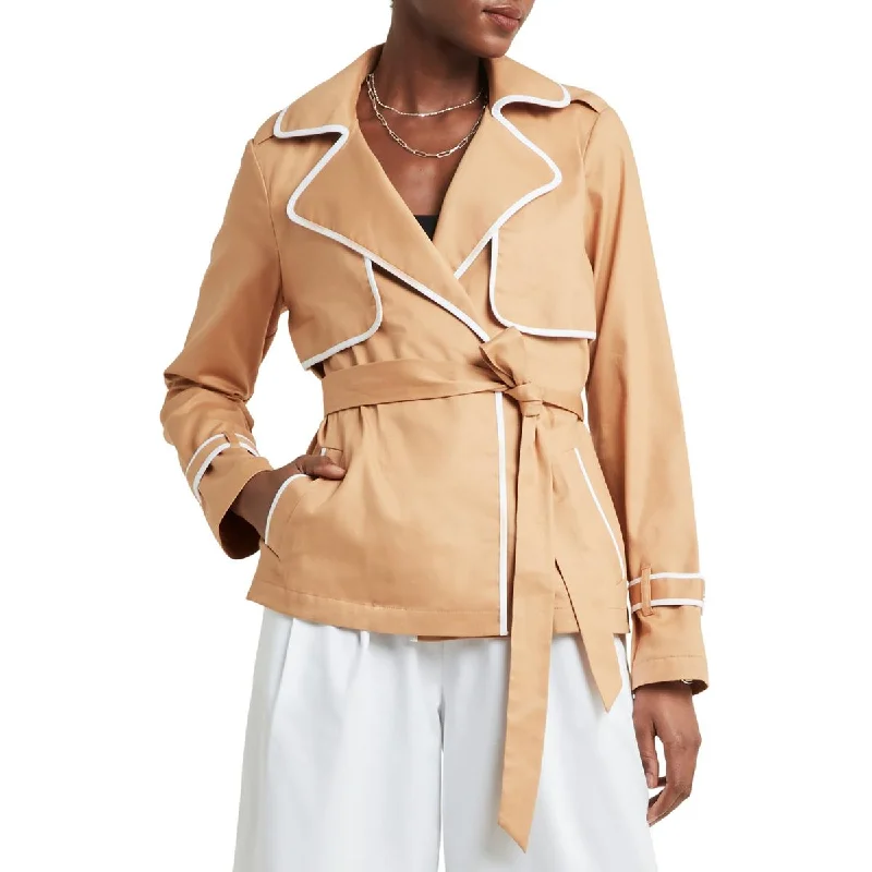 H Halston Womens Piping Cotton Trench Coat