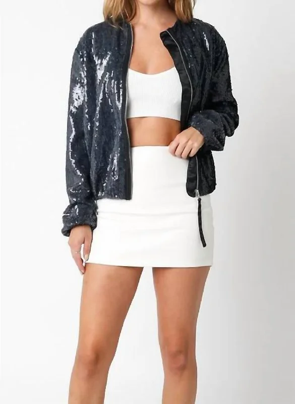 Sequin Bomber Jacket In Charcoal