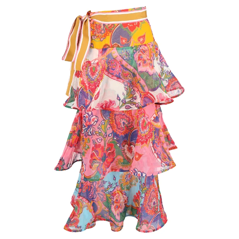 Zimmermann Lovestruck Tiered Maxi Skirt in Multicolor Silk