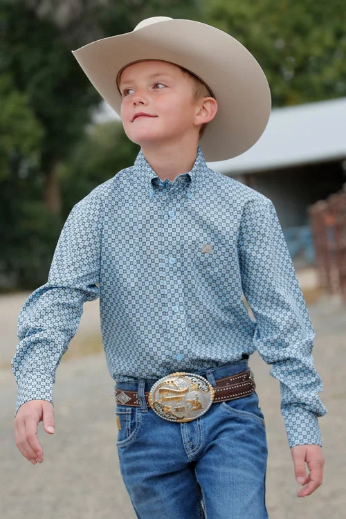 Boy's Geometric Print Button-Down Western Shirt - Light Blue - (MTW7060351)