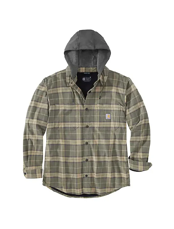 Rugged Flex Relaxed Fit Flannel Fleece-Lined Hooded Shirt Jacket - Dusty Olive