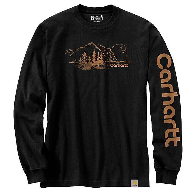 Relaxed Fit Heavyweight Long-Sleeve Mountain Graphic T-Shirt - Black