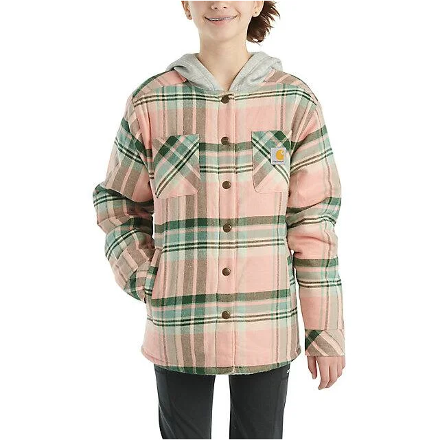 Girls' Long-Sleeve Flannel Snap Front Hooded Shirt Jacket - Tropical Peach