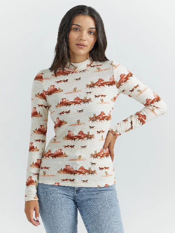 Women's Horse Print Mock Neck Shirt - Creamsicle