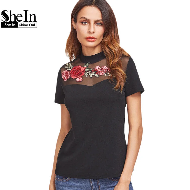 SheIn T-shirt Women Casual T-shirt Women Black Embroidered Rose Applique Mesh Neck Short Sleeve Vintage T-shirt