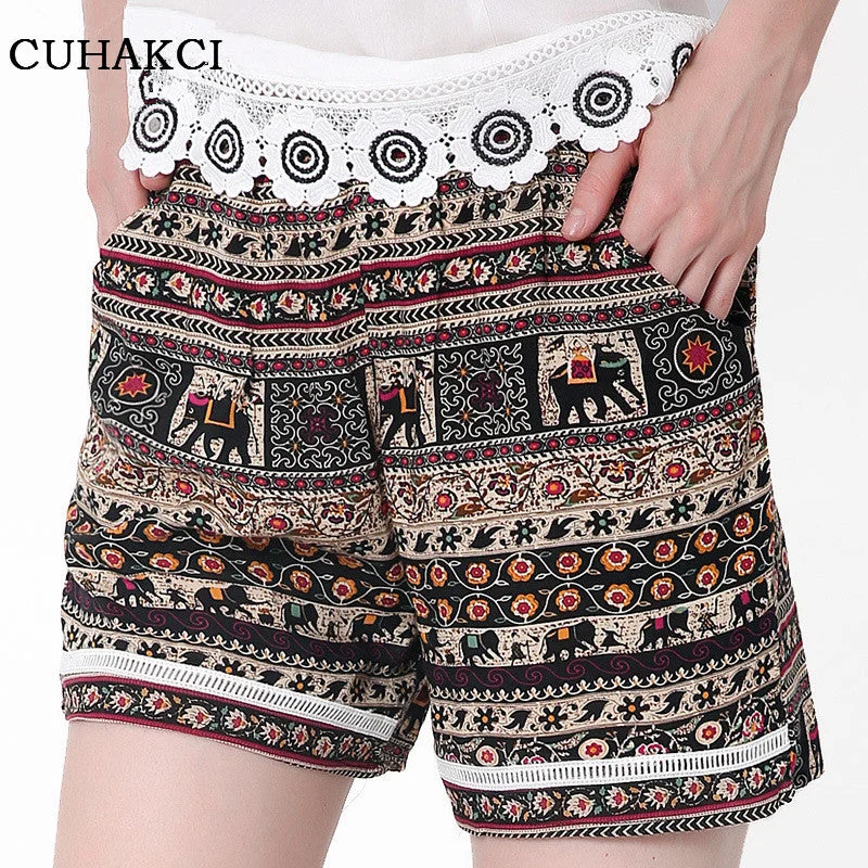 Women Beach Printed Shorts New Summer Thin Breathable Casual Bohemia Loose Bermuda Elephant Elastic Waist Yo-Ga Mini Shorts D053